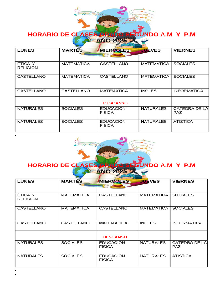 Horario Clases Segundo 2025 A.M y P.M | PDF