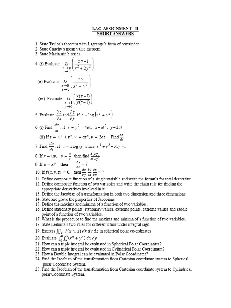LAC Assignment II: Short Answers & Essays | PDF | Calculus ...