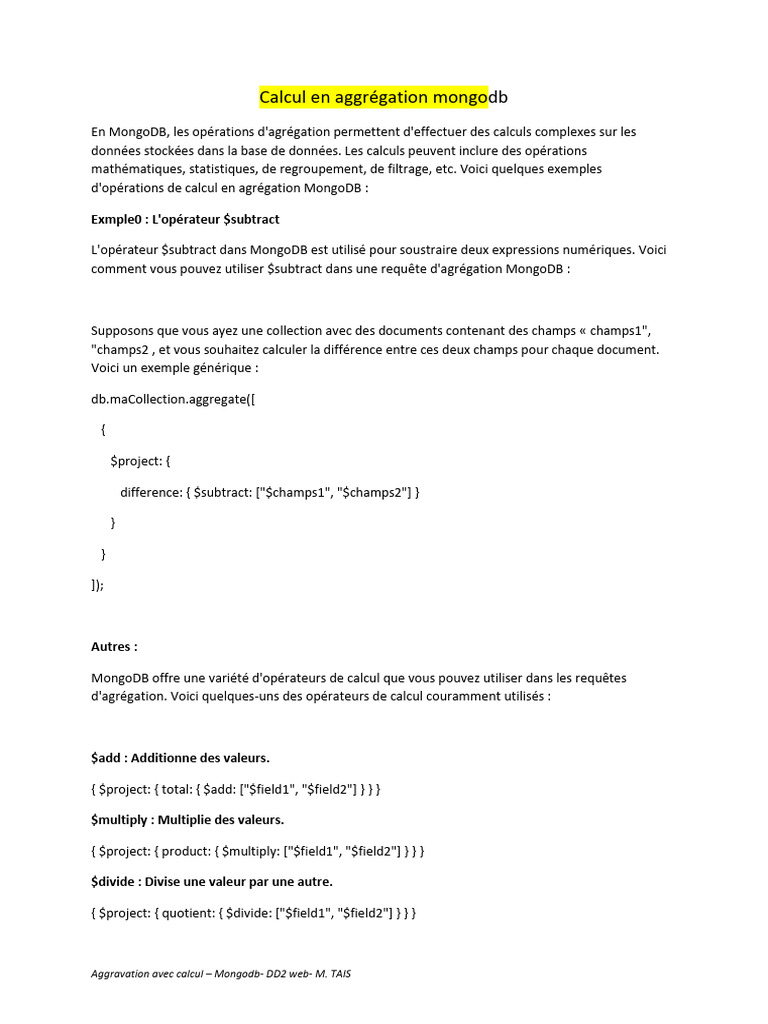Calculs d'agrégation avec MongoDB | PDF | MongoDB | Mathématiques