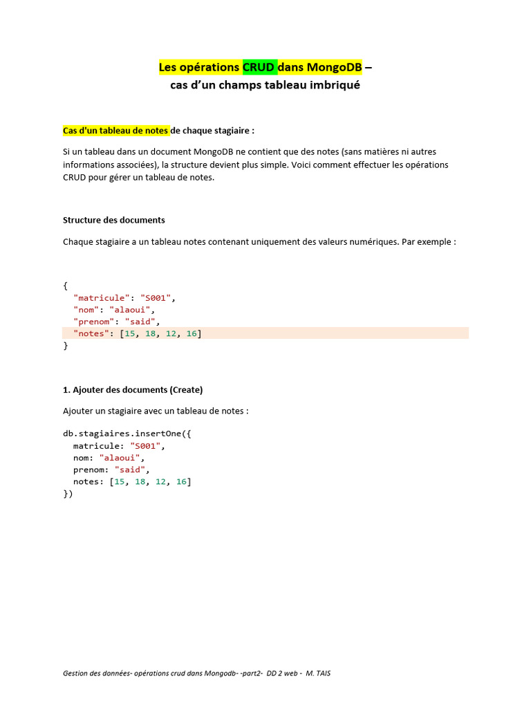 CRUD MongoDB : Gestion des notes stagiaires | PDF | MongoDB | Téléphone