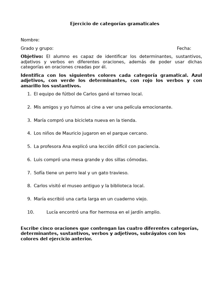 Ejercicio de Categorías Gramaticales | PDF