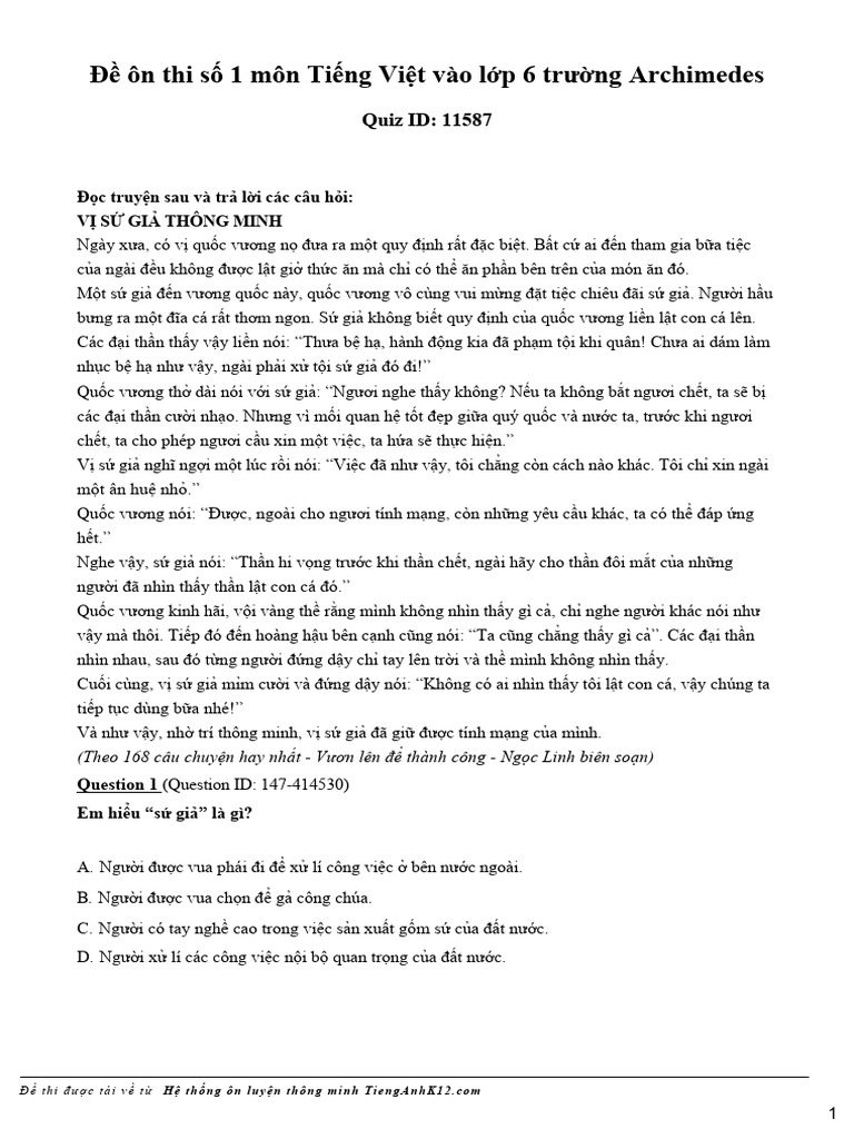 Quiz 11587 de On Thi So 1 Mon Tieng Viet Vao Lop 6 Truong Archimedes | PDF