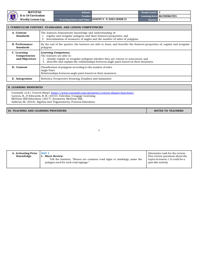 Grade 7 Math Weekly Lesson Plan | PDF | Vertex (Geometry) | Polygon