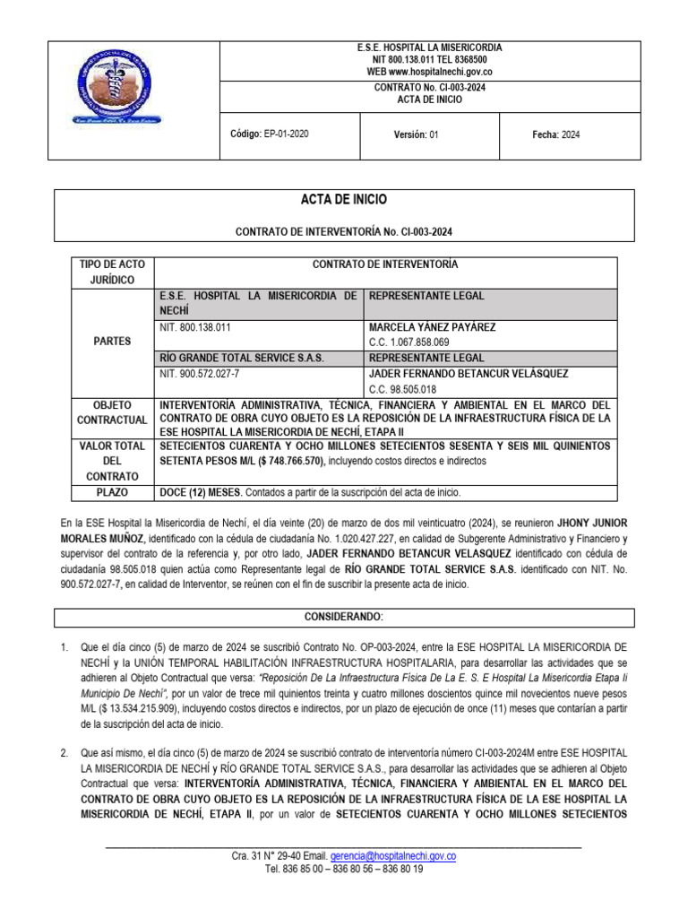 Acta de Inicio Contrato CI-003-2024 | PDF