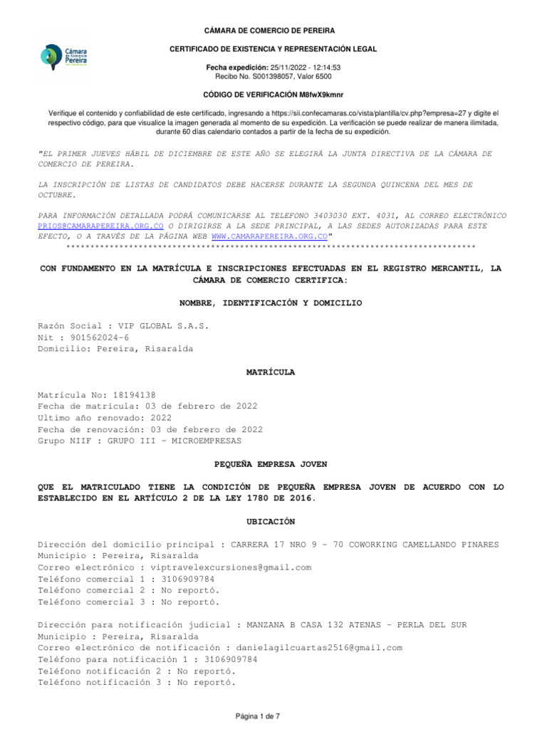 Vip Sas Nov 25 2022 Certificado Camara de Comercio | PDF | Sociedad de ...