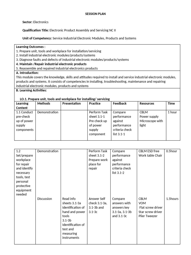Industrial Electronics Service Session Plan | PDF | Power Supply