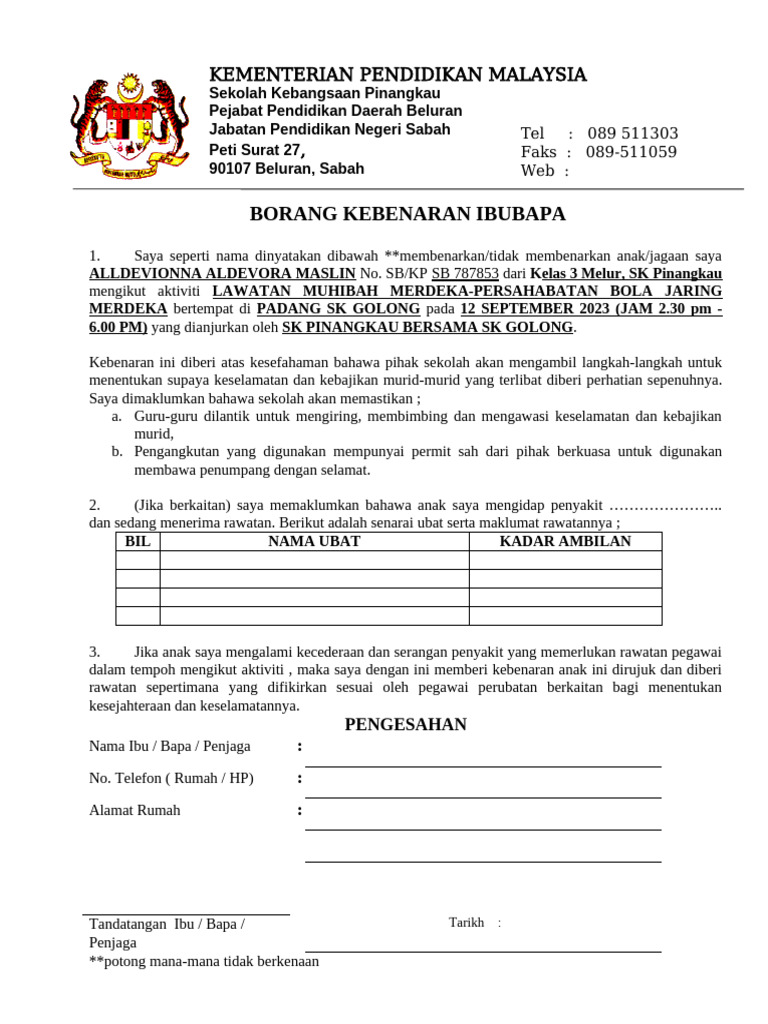 Surat Kebenaran Ibu Bapa Tahun 3 | PDF