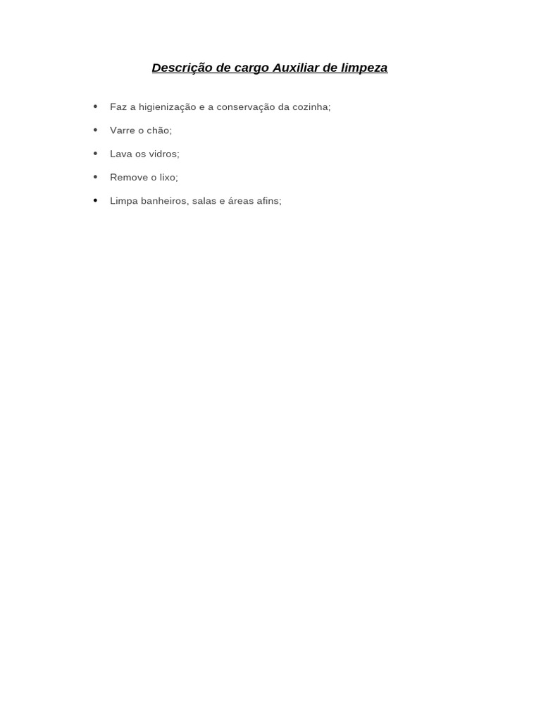 Descrição do Cargo: Auxiliar de Limpeza | PDF
