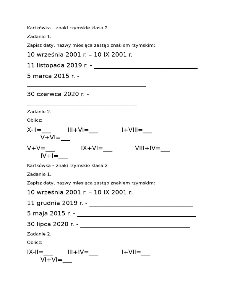 Kartkówka Znaki Rzymskie Kl. 2 | PDF