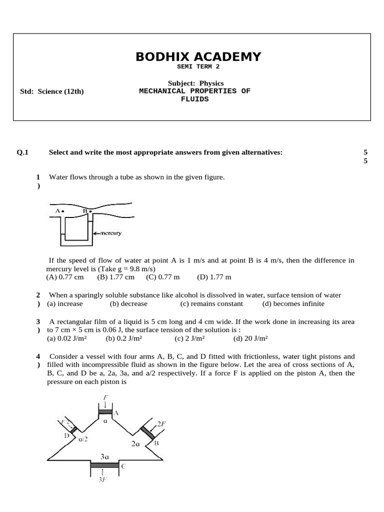 Mechanical Properties of Fluids Q Bank | PDF | Drop (Liquid) | Surface ...