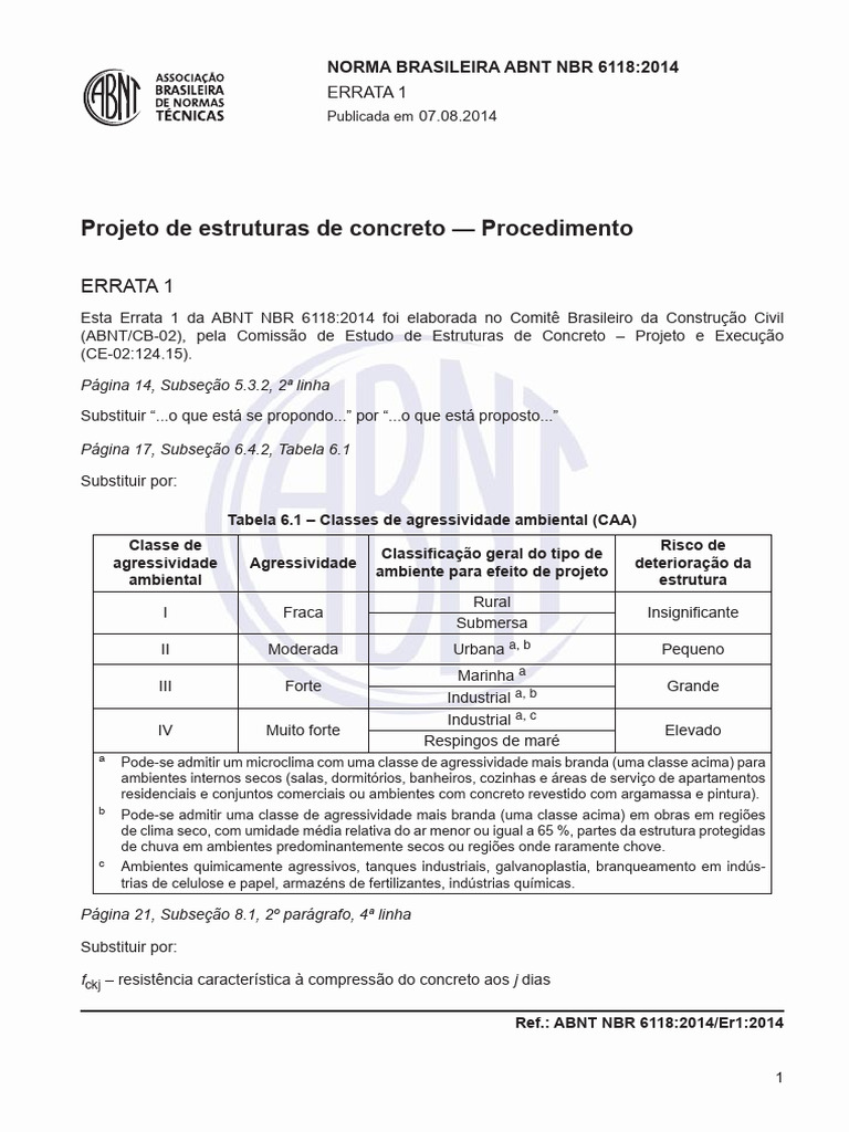 Norma ABNT NBR 6118-2014 - Errata 1 - Projeto de Estruturas de Concreto ...