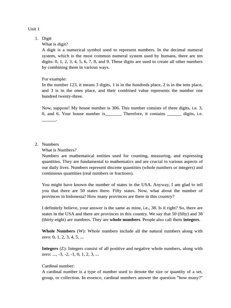 Modul 1 Unit 1,2 | PDF | Subtraction | Numbers