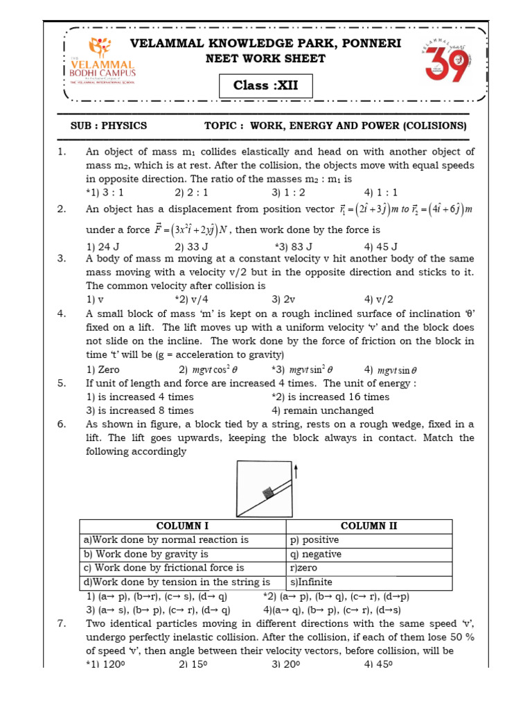 Work, Power & Energy (Collisions) - Physics NEET Work Sheet | PDF ...