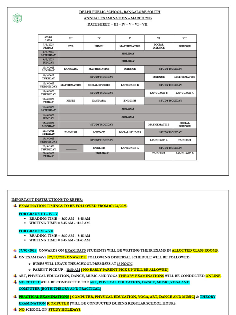 4482 Date Sheet Annual Examination March 2025 Grade Iii Vii 4 Pdf