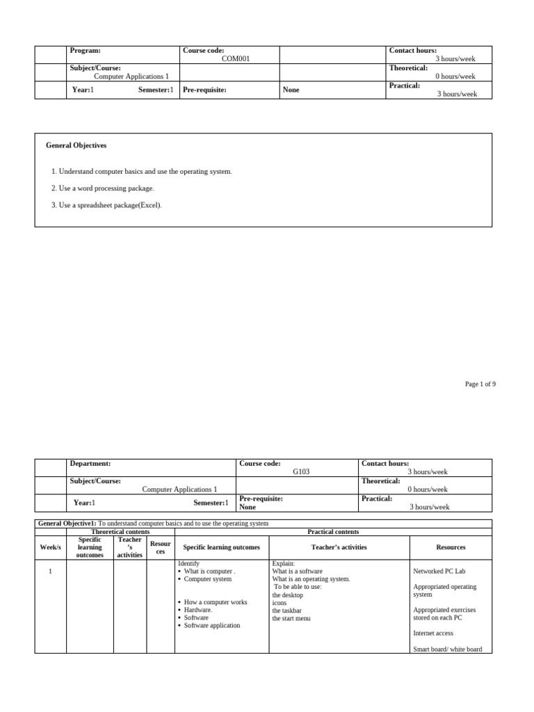 Computer Applications 1 Course Overview | PDF | Microsoft Excel ...