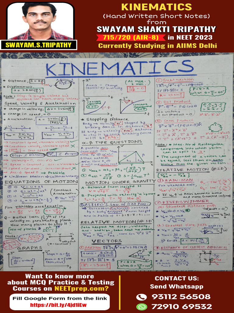 Kinematics Notes by NEET Topper AIR-8 | PDF