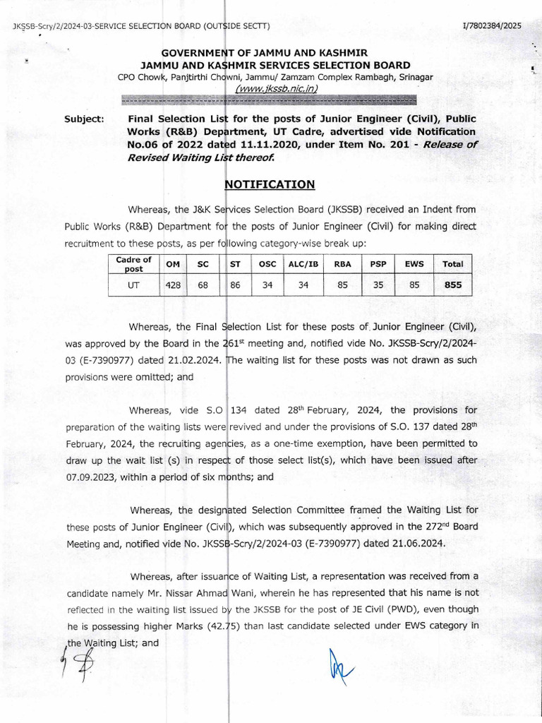 Revised JE Waiting Notification 13022025 | PDF