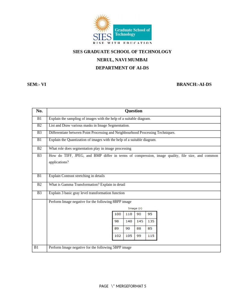 Image Processing Techniques Exam Questions | PDF