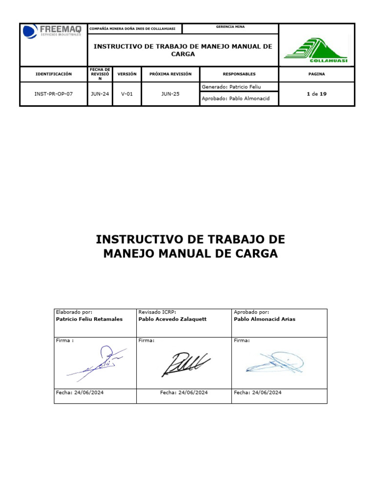 Instructivo Manejo Manual de Carga | PDF | Riesgo | Minería
