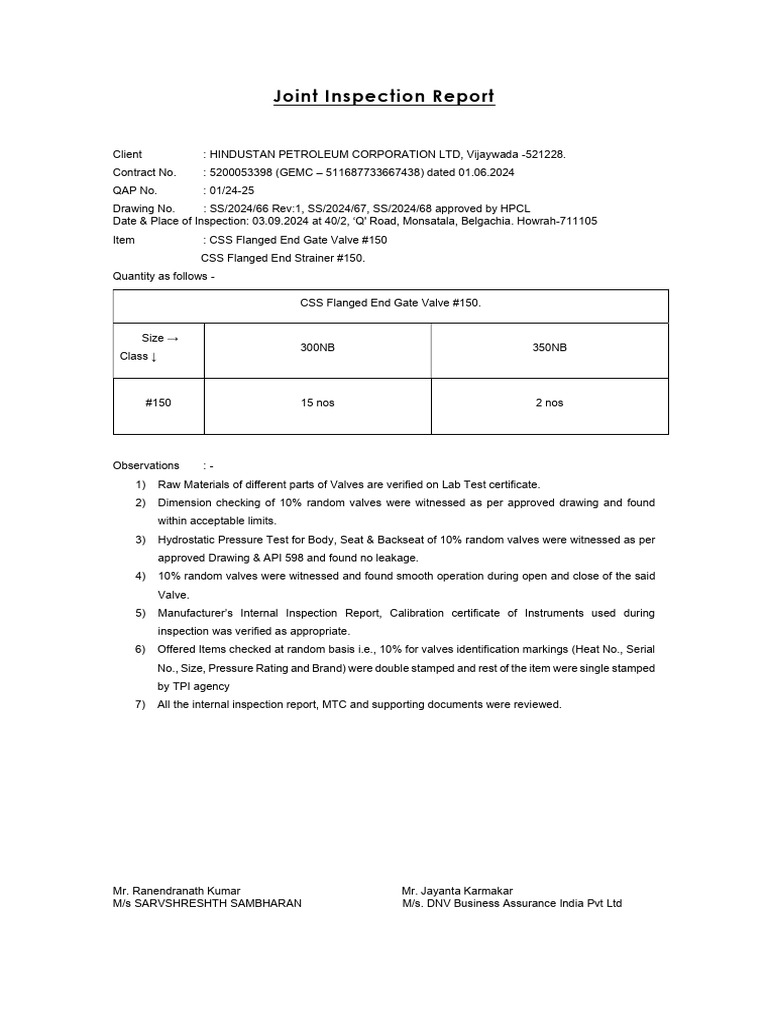 Joint Inspection Report for HPCL Valves | PDF