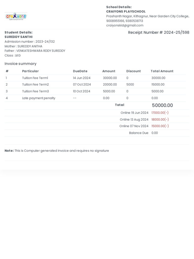 Playschool Fee Invoice Summary | PDF
