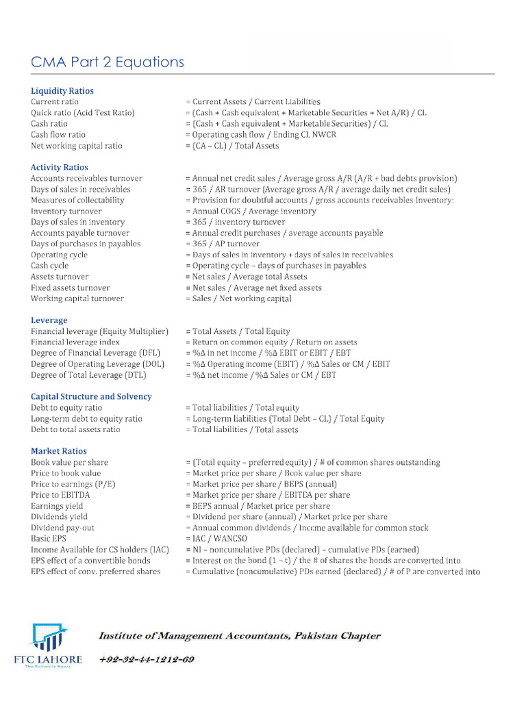 CMA Formulas Part 2 | PDF