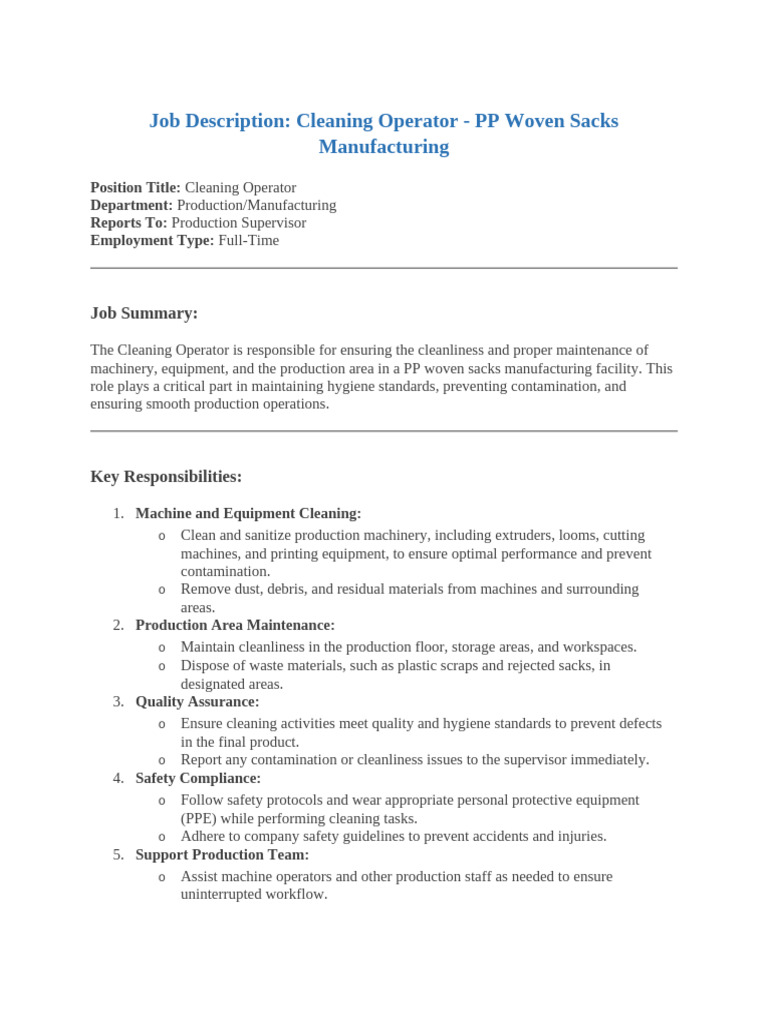 Job Description Cleaning Operator | PDF