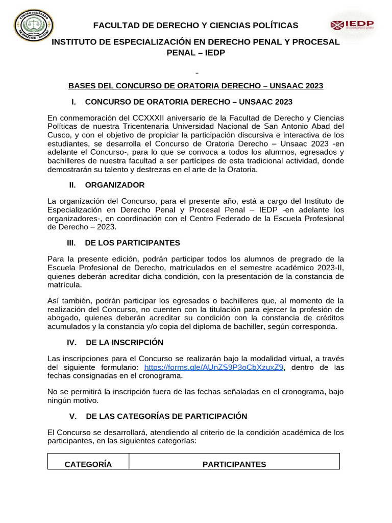 Bases Concurso de Oratoria 2023 | PDF | Ley procesal | Derechos humanos