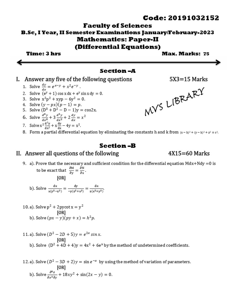 B.Sc Mathematics Differential Equations Exam | PDF