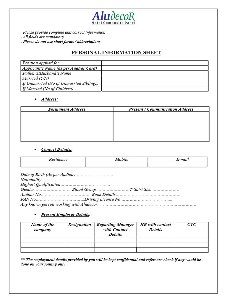Personal Information Sheet Template | PDF