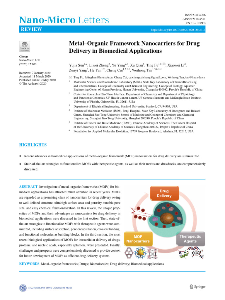 Metal-Organic Framework Nanocarriers For Drug Delivery in Biomedical ...
