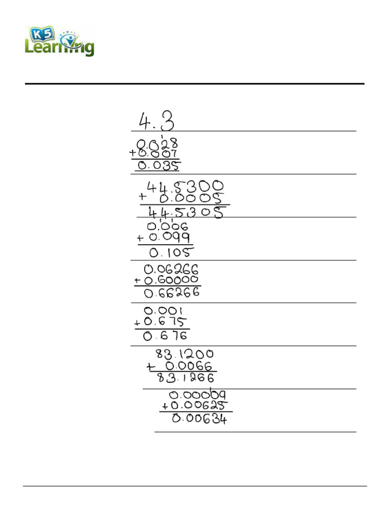Grade 6 Decimal Addition Worksheet | PDF