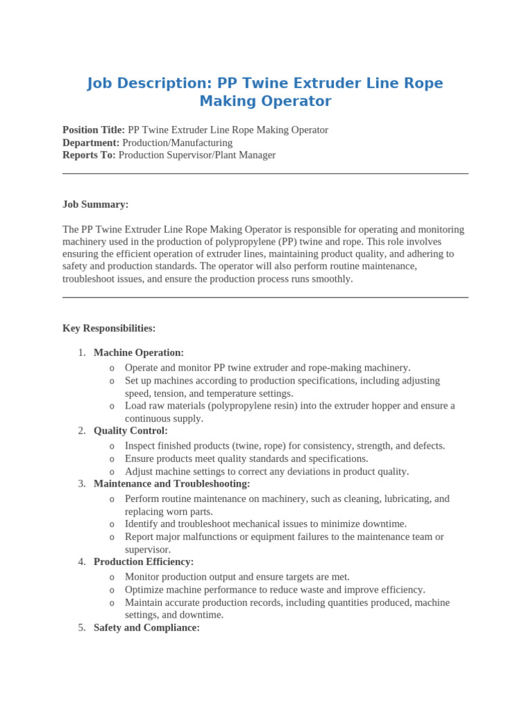 Job Description Rope Plant | PDF