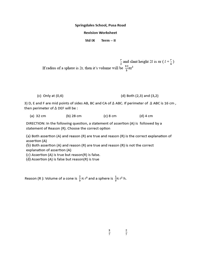 Std IX Term II Revision Worksheet | PDF | Sphere | Geometric Shapes