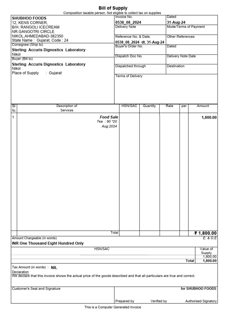 Bill of Supply for Shubhoo Foods | PDF | Invoice | Payments
