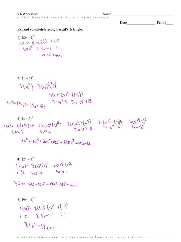 5.6 Worksheet: Pascal's Triangle Expansion | PDF