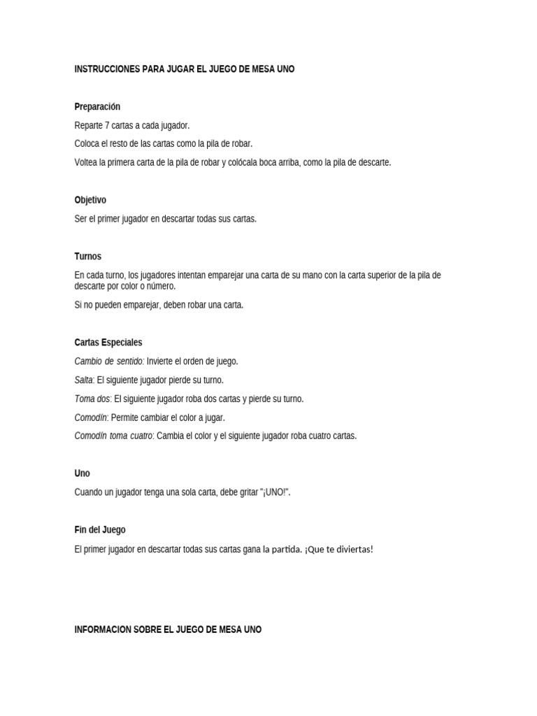 Instrucciones del juego de mesa UNO | PDF