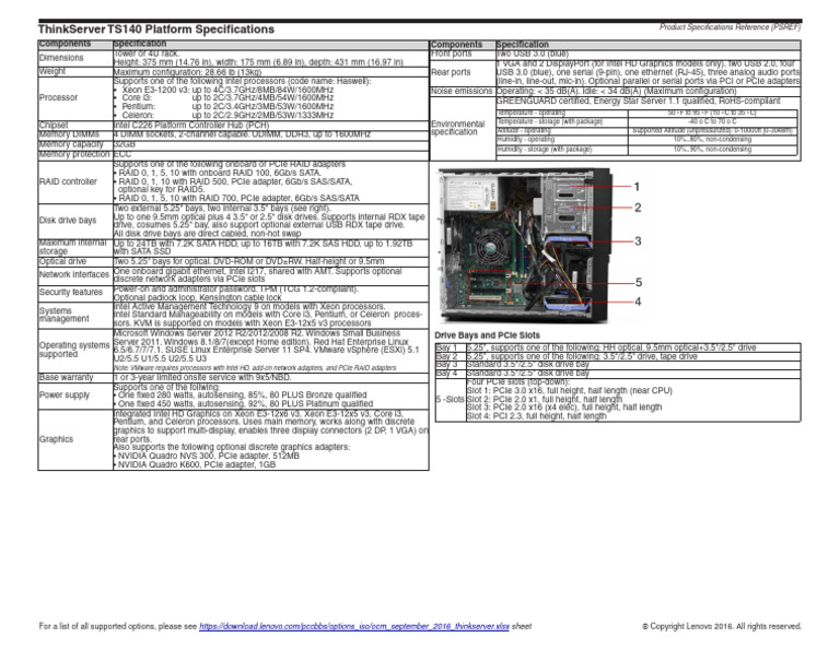 ThinkServer TS140 Specifications Overview | PDF | Usb | Computing