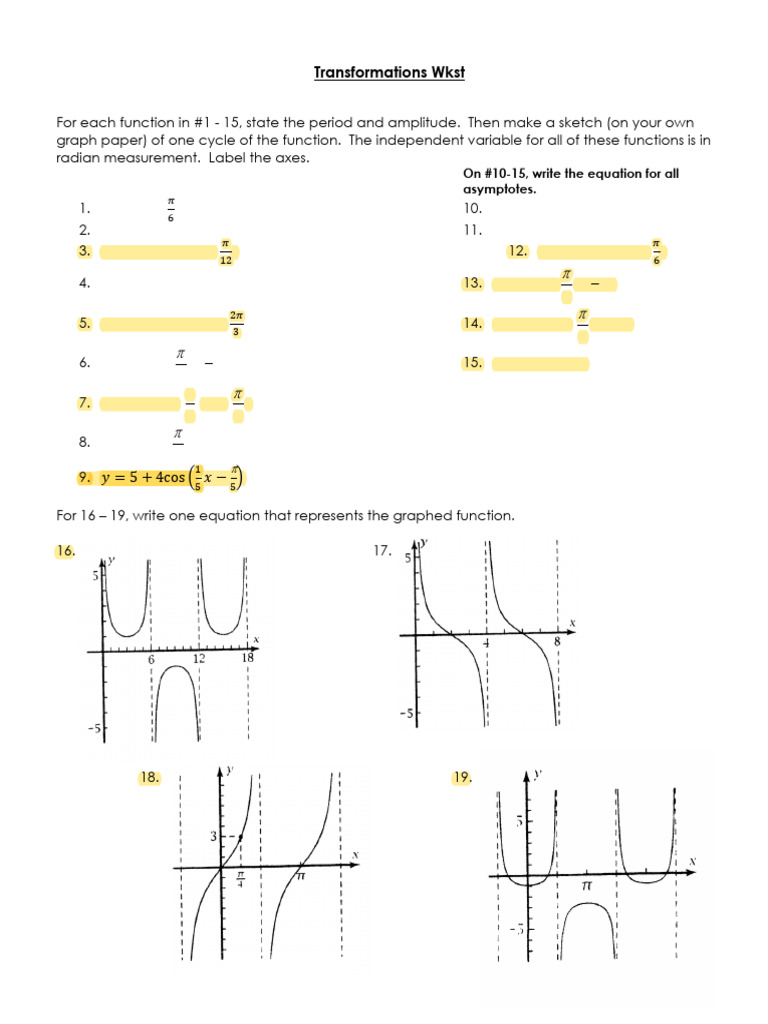 Transformations FULL WKST - Tan - Cot - Sec - CSC | PDF