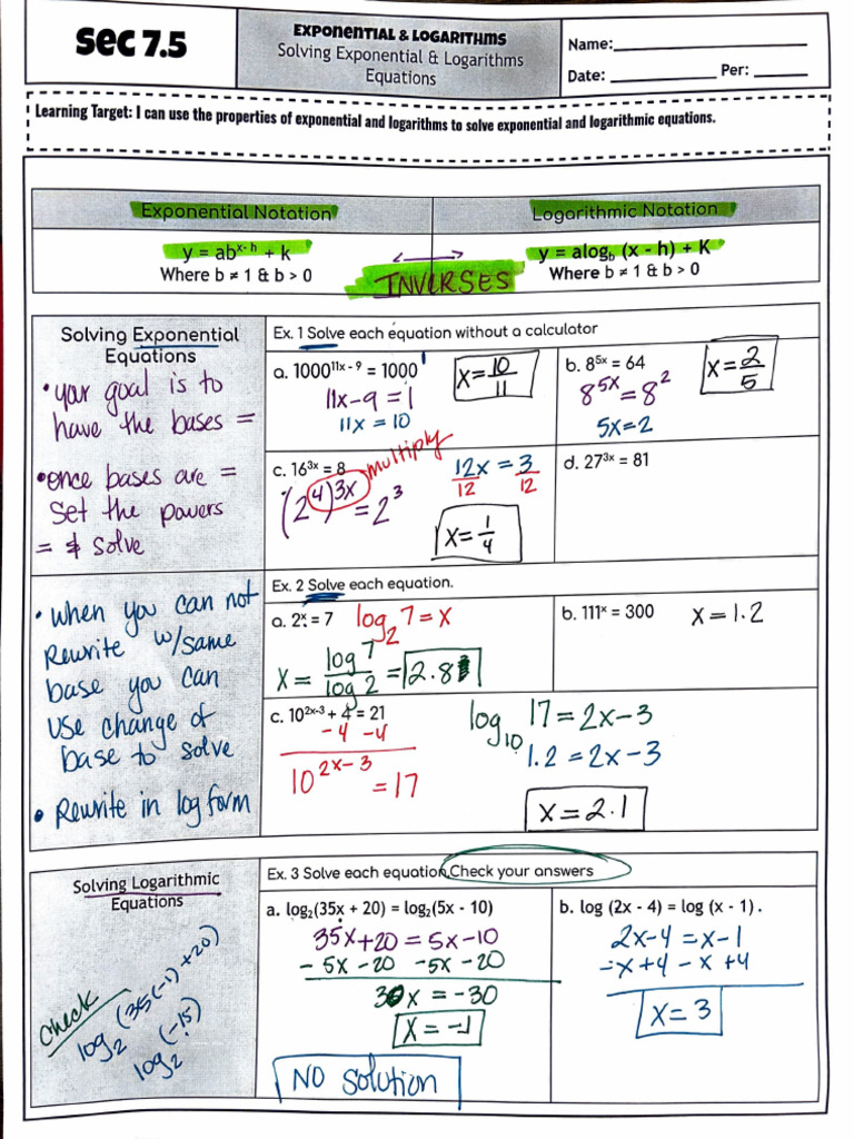 Solving Exponential & Logarithmic Equations | PDF | Functions And ...