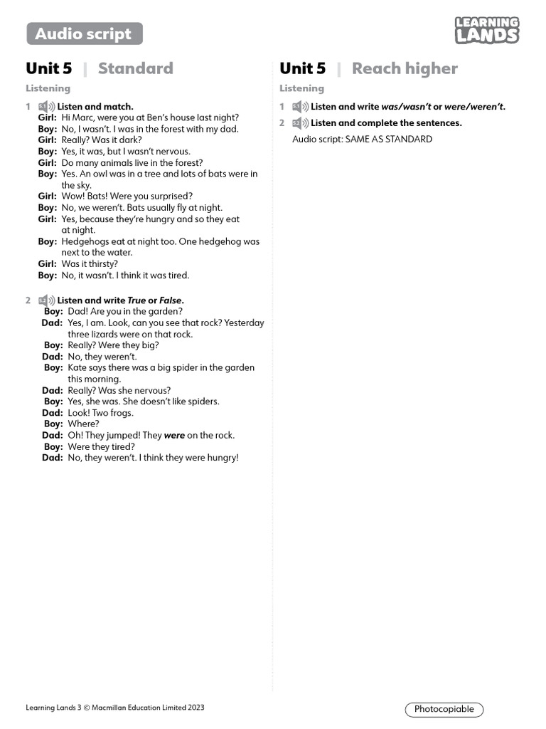 Learning Lands 3 Tests U05 Audio Script | PDF