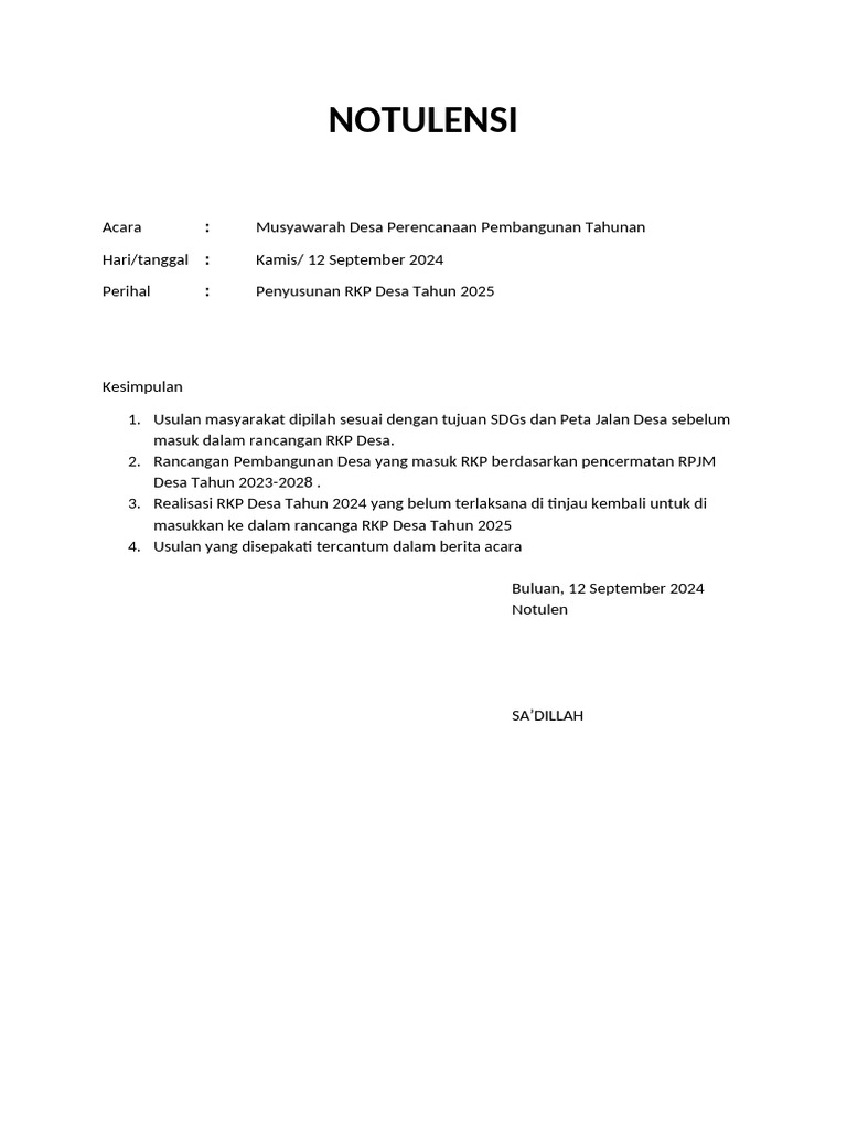 Notulen Musdes RKP Desa 2025 | PDF