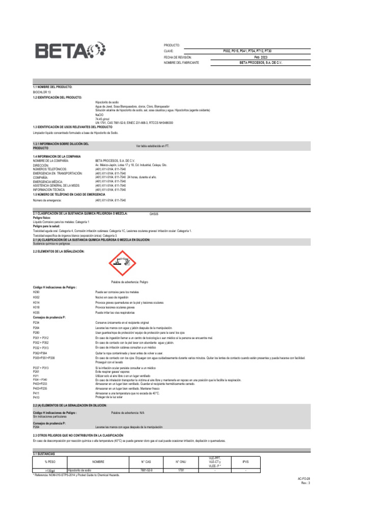 Hoja de Seguridad Biochlor 13 | PDF | Agua | Cloro
