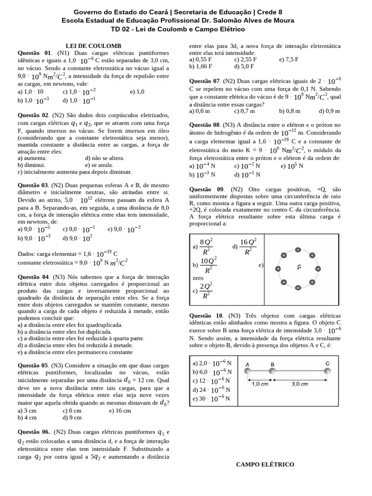 Questões sobre Lei de Coulomb e Campo Elétrico | PDF | Campo elétrico ...