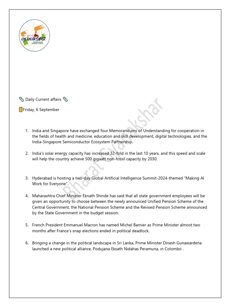 Daily Current Affairs 06.09.2024 | PDF