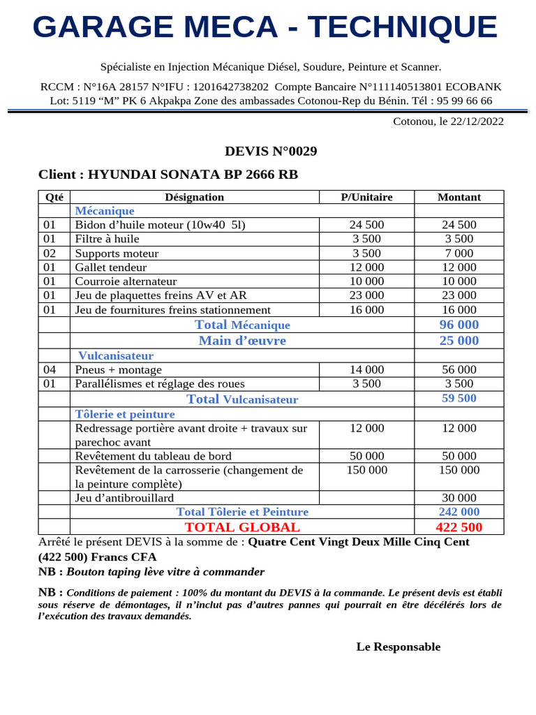 Devis de Réparation Automobile détaillé | PDF | Véhicule motorisé ...