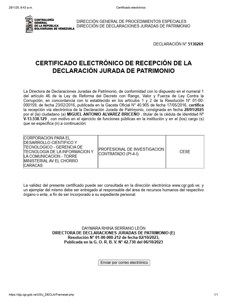 Certificado de Declaración Jurada 2025 | PDF | Gobierno