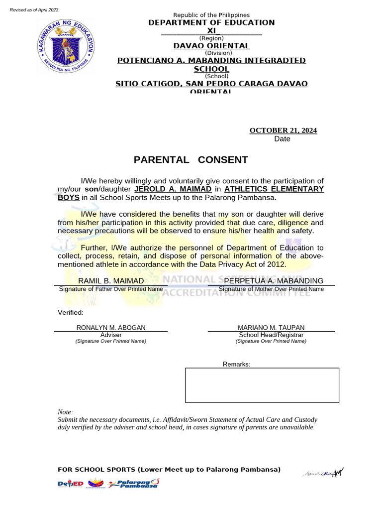 Parental Consent for School Sports Participation | PDF