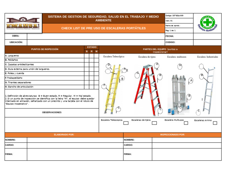 Checklist de Inspección de Escaleras Portátiles | PDF
