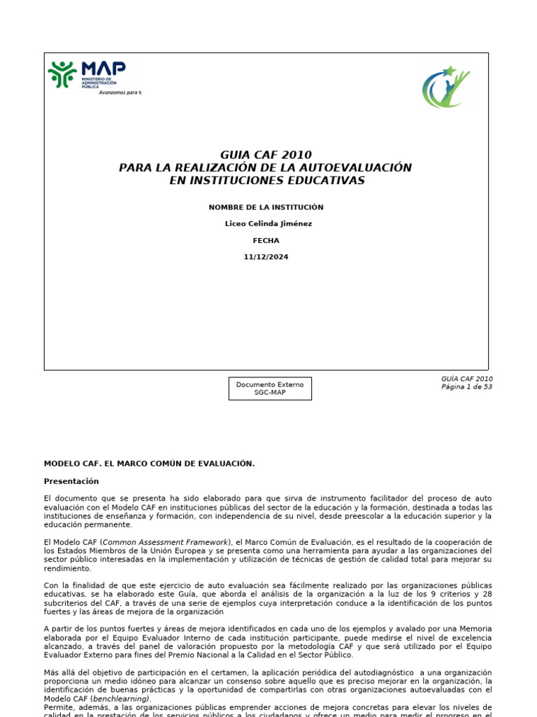 Guía CAF 2010 para Autoevaluación Educativa | PDF | Planificación ...